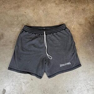 Spalding Mens Faded Black Cotton Athletic Gym Shorts Medium Drawstring Logo